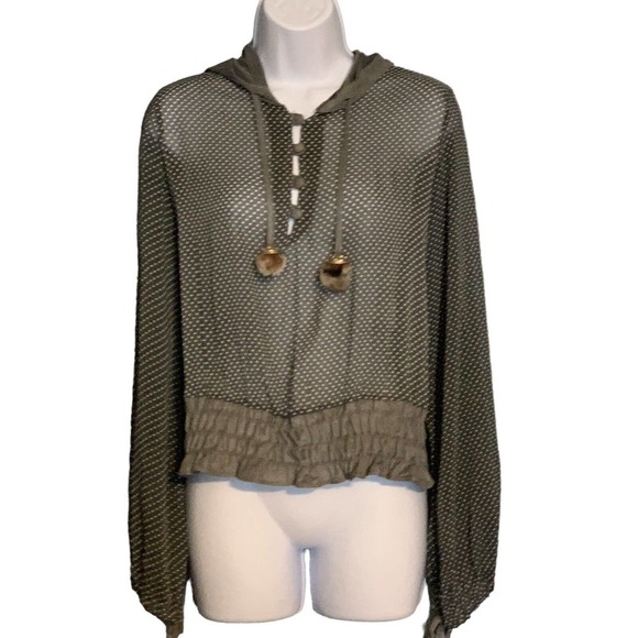Favori Boho Blouse Top Sheer Polka Dot Jade Gray Suede Hood Fur Pom-Poms Medium - Picture 1 of 10